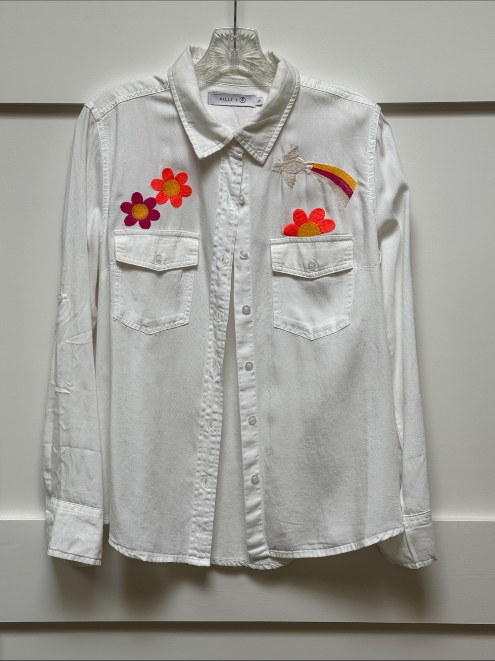 Billy T. White Button-Down Shirt with Embroidered Rainbow & Flower Accents